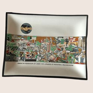 💪 AFL CIO TRINKET TRAY LABOR UNION MADE VINTAGE ART DECO FLINT GLASS 9x7" RARE